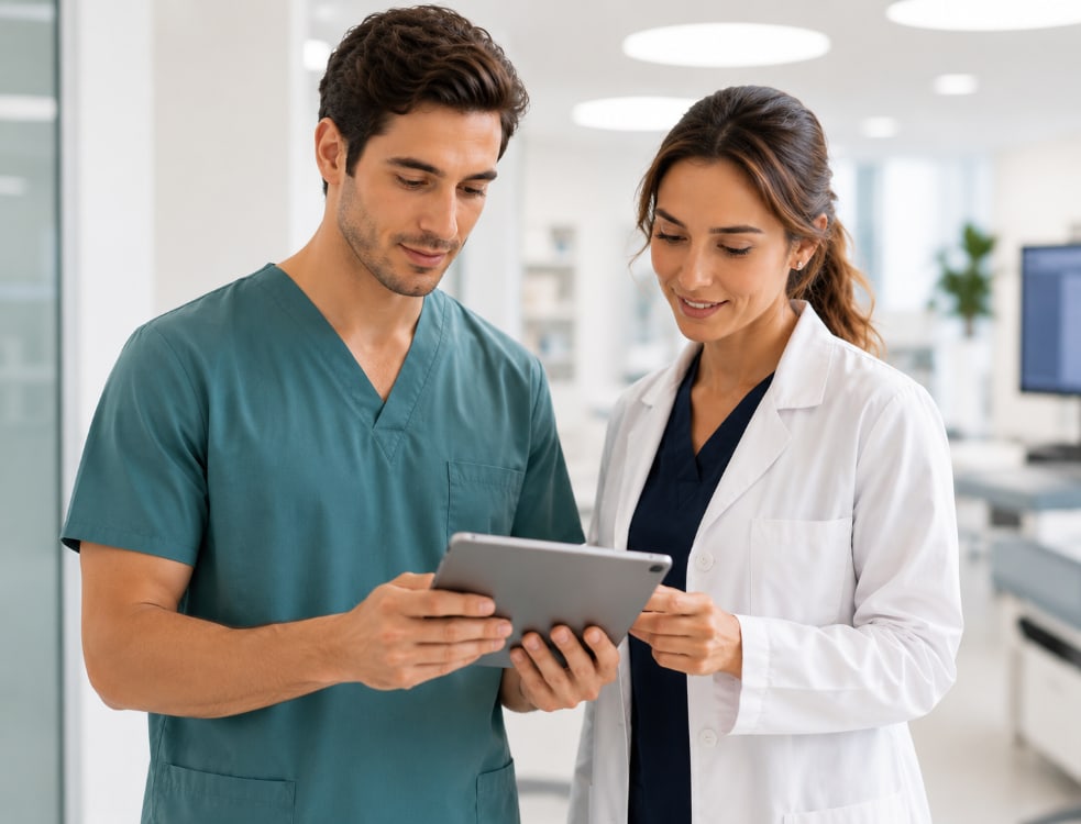 Profesional sanitario mostrando la historia clínica de Upmédica en tablet