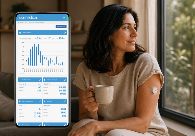 Paciente con sensor en el brazo junto al dashboard de monitorización remota de Upmédica con parámetros clínicos, datos de bienestar y alertas.