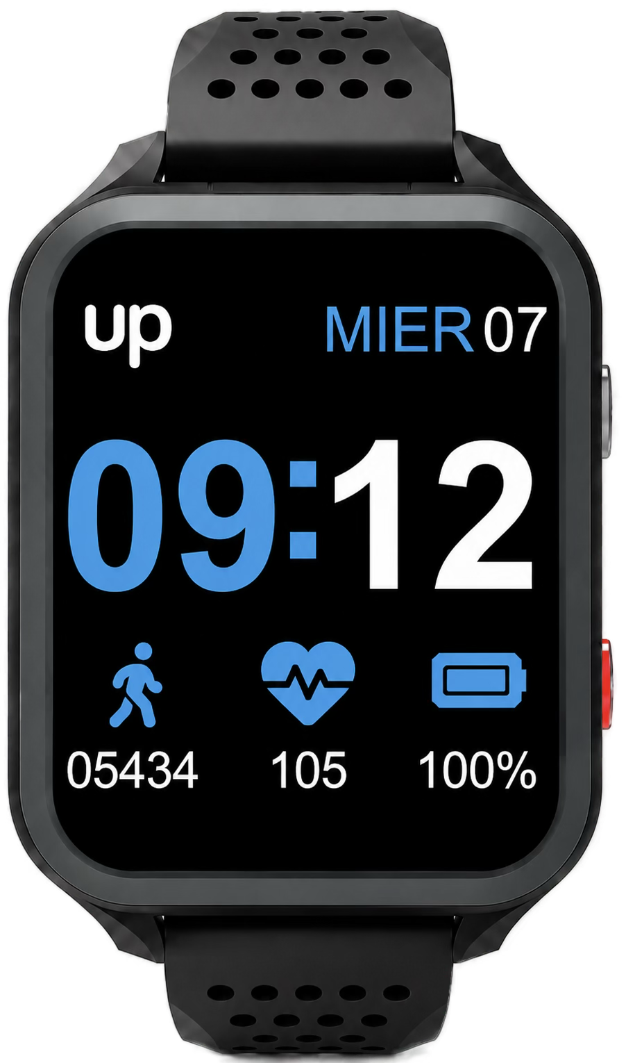 Reloj inteligente con funciones de teleasistencia avanzada mostrando hora, pasos, frecuencia cardiaca y batería.