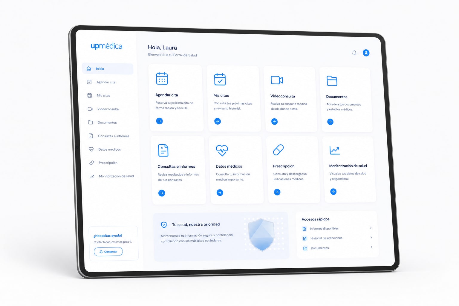 Tablet mostrando el Portal de salud de Upmédica con accesos a agendar cita, videoconsulta, documentos, consultas e informes, datos médicos, prescripción y seguimiento de salud.
